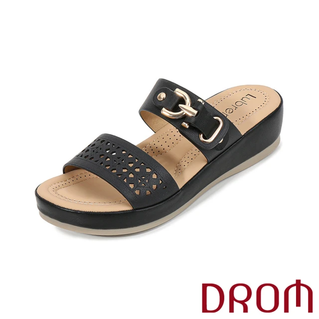 DROM 坡跟拖鞋 厚底拖鞋/縷空刻花皮帶釦飾坡跟厚底拖鞋(黑)