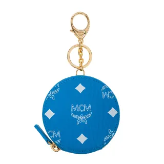 【MCM】經典老花LOGO帆布圓形釦環金屬扣圓形零錢包(藍色)