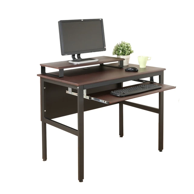 【DFhouse】頂楓90公分電腦辦公桌+一鍵盤+桌上架-胡桃色