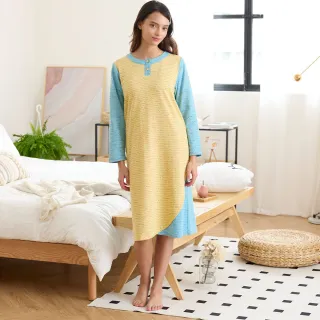 【Wacoal 華歌爾】睡衣-居家休閒 M-L純棉針織印花洋裝 LWY45983BU(藍綠衣領/黃衣身)