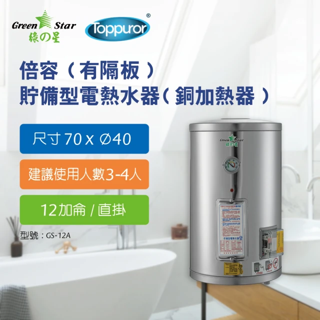 Toppuror 泰浦樂Toppuror 泰浦樂 綠之星 倍容 有隔板貯備型電熱水器銅加熱器12加侖直掛式4KW(GS-12A-4)