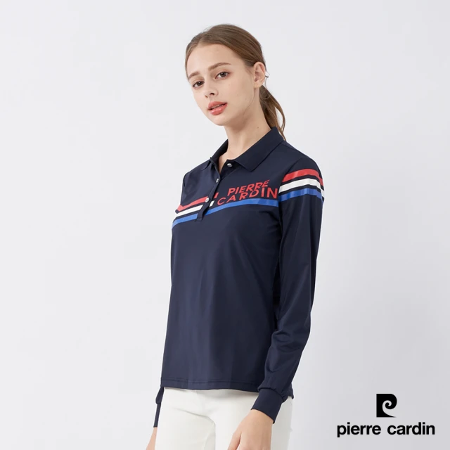 pierre cardin 皮爾卡登 輕運動 女款 吸濕排汗胸前印花長袖polo衫-丈青色(4235202-38)