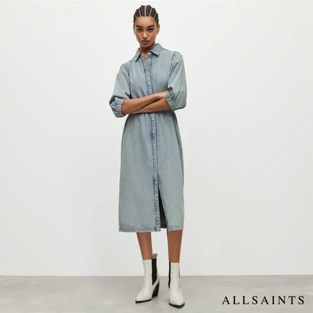 【ALLSAINTS】中長版牛仔襯衫式針織印花洋裝 WD926V(常規版型)