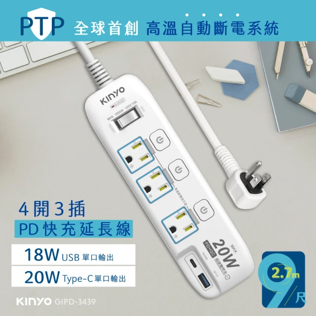 【KINYO】4開3插PD+USB延長線 2.7M(PD快充延長線 GIPD-3439)