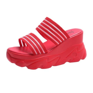 【HMH】坡跟拖鞋 厚底拖鞋/彈力透明織帶厚底坡跟拖鞋(紅)