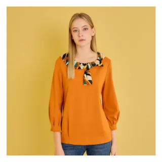 【YUTZUYA 優姿雅】幾何領巾造型親膚棉感上衣(印花拼接七分袖上衣/T恤)