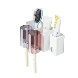 【路比達】漱口牙刷置物架+附帶擠牙膏器-2入組(牙刷杯架、漱口杯架、置物架)