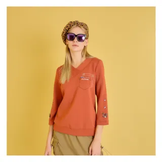 【YUTZUYA 優姿雅】造型口袋蝴蝶結墜飾袖棉質V領上衣(配色車線七分袖上衣/T恤)