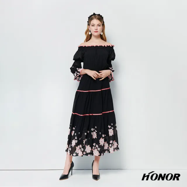 【HONOR 山形屋】出清品 一字領透膚多層抓皺泡泡袖長洋裝(限定出清)