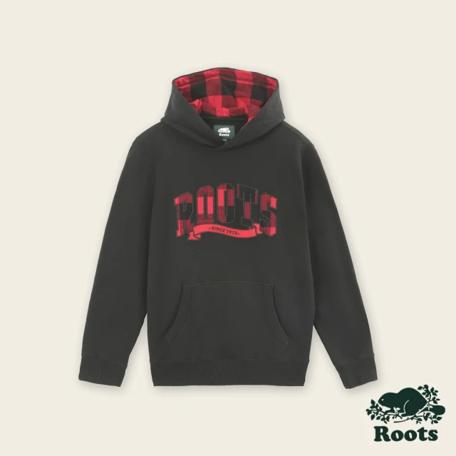 Roots Roots男裝-經典小木屋系列 刺繡貼布連帽上衣(黑色)