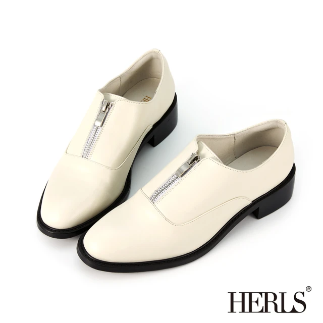 HERLSHERLS 牛津鞋-全真皮拉鍊造型低跟牛津鞋(灰白色)
