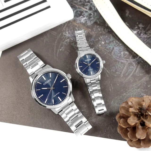 【CITIZEN 星辰】光動能 簡約時尚 不鏽鋼手錶 情人對錶 藍色 38mm+27mm(BJ6541-58L.EM0930-58L)