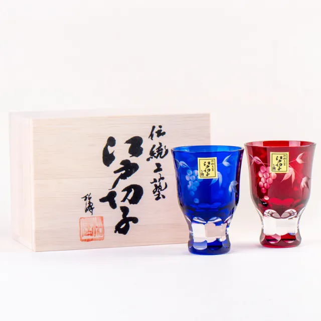【田島硝子】江戶切子 日本手工 葡萄紋小酒杯 2入禮盒組  玻璃杯 朱紅色×琉璃色(TG04-83-2)