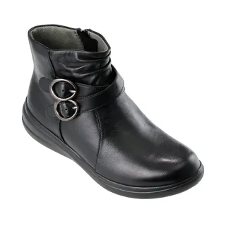 【Kimo】專利防水-都市率性牛皮雙圓扣造型拉鍊機能靴(黑色 KBCWF071563)