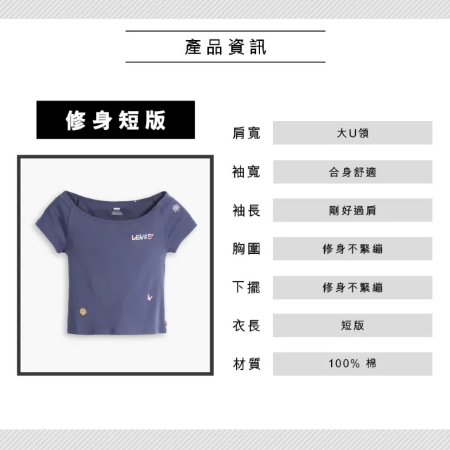 【LEVIS 官方旗艦】女款 修身短版T恤 / 蝴蝶、小花Logo刺繡 靛藍 熱賣單品 A6065-0001