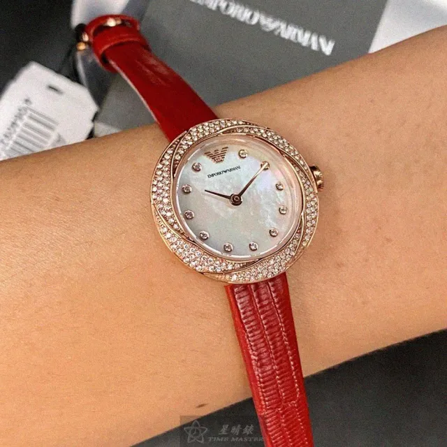 【EMPORIO ARMANI】ARMANI手錶型號AR00045(貝母錶面玫瑰金錶殼紅真皮皮革錶帶款)