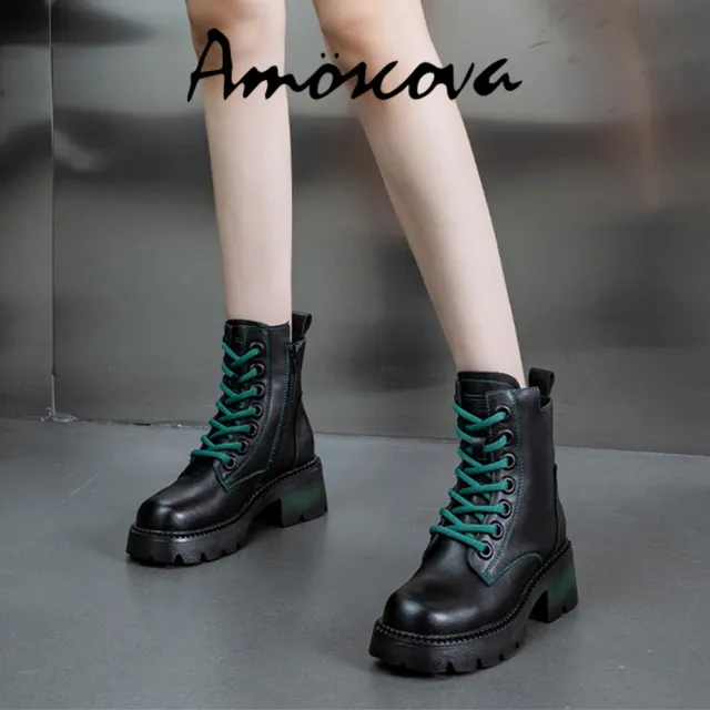【Amoscova】現貨 真皮女靴 頭層牛皮 馬汀靴 厚底短靴 復古英倫風靴子 潮流風格 女鞋(1703)