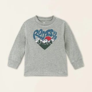 【Roots】Roots小童-經典小木屋系列 心型文字風景長袖T恤(灰色)