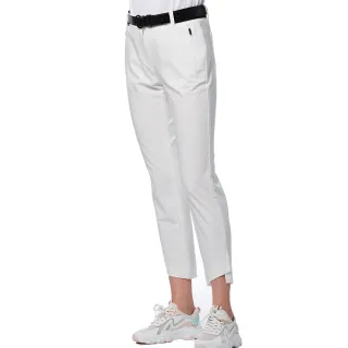 【Lynx Golf】女款日本進口布料彈性舒適西褲造型開杈設計拉鍊口袋窄管八分褲(白色)