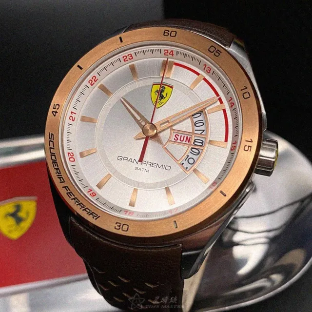 【Ferrari 法拉利】雙11FERRARI法拉利男錶型號FE00066(白色錶面玫瑰金錶殼咖啡色真皮皮革錶帶款)