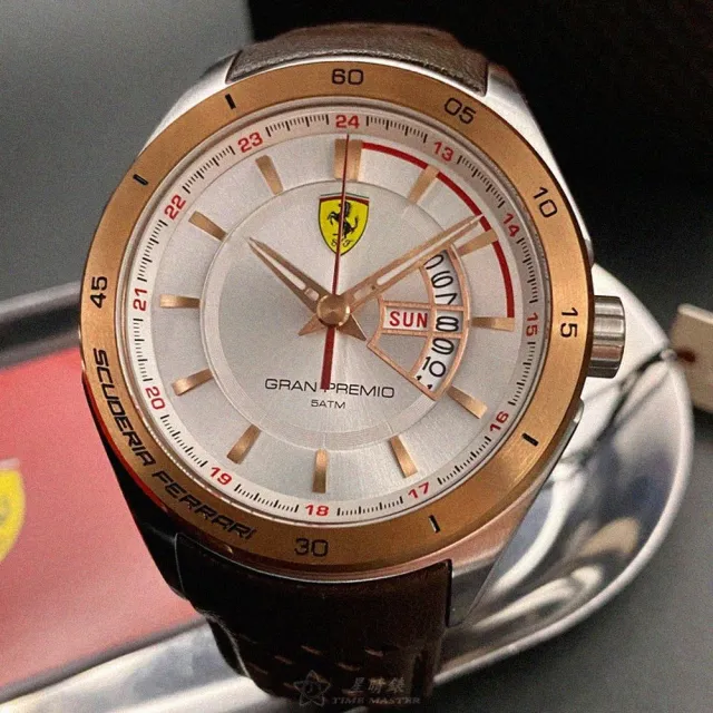 【Ferrari 法拉利】雙11FERRARI法拉利男錶型號FE00066(白色錶面玫瑰金錶殼咖啡色真皮皮革錶帶款)