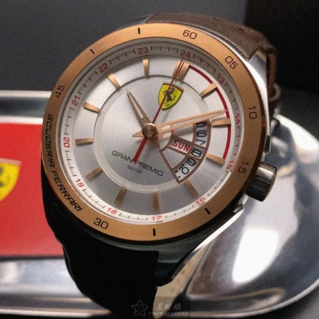 【Ferrari 法拉利】雙11FERRARI法拉利男錶型號FE00066(白色錶面玫瑰金錶殼咖啡色真皮皮革錶帶款)