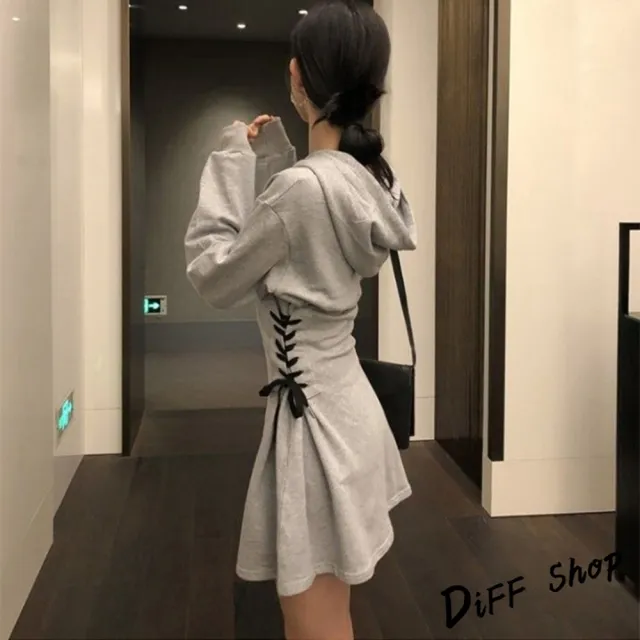 【D.studio】韓版冬季新款寬鬆顯瘦收腰短裙連帽長袖上衣(連衣裙 女裝 衣服 上衣 帽T 裙子 長袖T恤 W83)