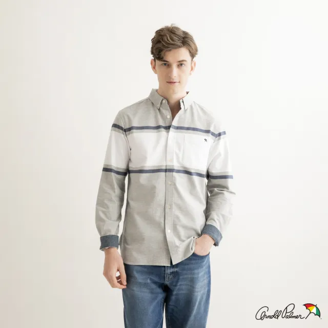 【Arnold Palmer 雨傘】男裝-橫條紋撞色拼接設計長袖襯衫(灰色)