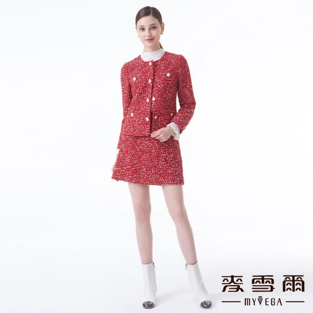 【MYVEGA 麥雪爾】小香風珍珠釦套裝短裙-紅(上下身分開販售)