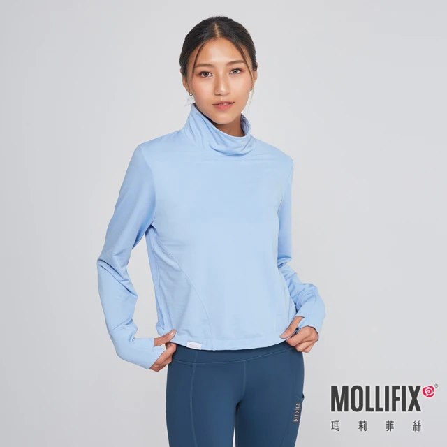 Mollifix 瑪莉菲絲 溫暖薄絨小高領長袖上衣、瑜珈上衣、瑜珈服(活力藍)