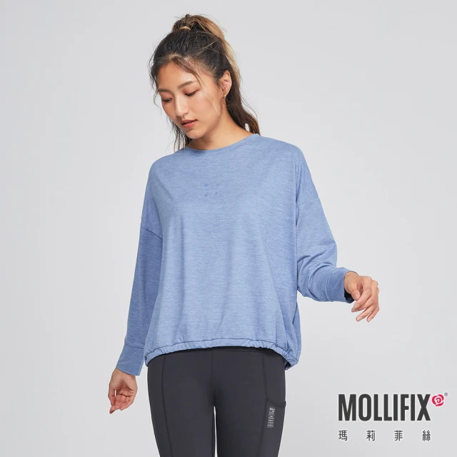 Mollifix 瑪莉菲絲 後背交疊鏤空長袖圓領上衣、瑜珈上衣、瑜珈服(霧紫藍)