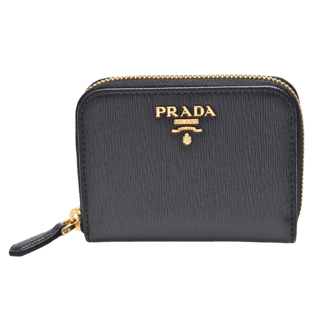 【PRADA 普拉達】經典金色浮雕LOGO直紋牛皮拉鍊卡夾/零錢包(黑色1MM268-VTELLO MOVE-NERO)