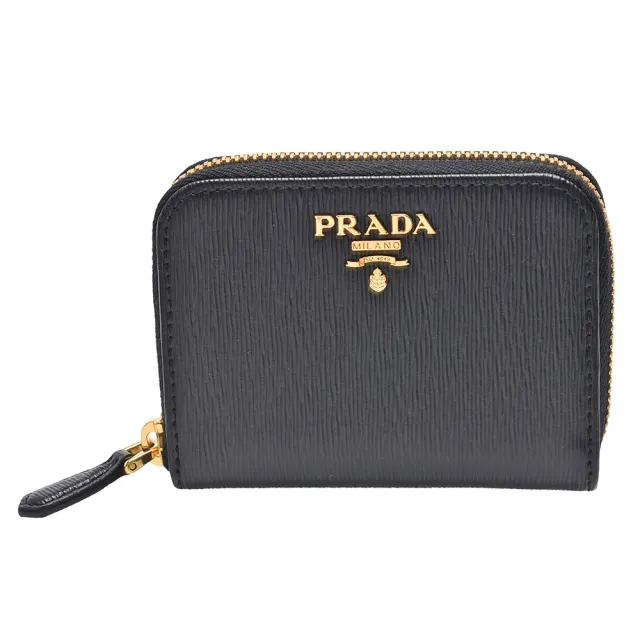 PRADA 普拉達】經典金色浮雕LOGO直紋牛皮拉鍊卡夾/零錢包(黑色1MM268