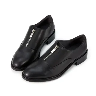 【HERLS】牛津鞋-全真皮拉鍊造型低跟牛津鞋(黑色)