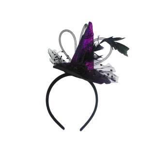 【摩達客】★萬聖派對頭飾★紫色蕾絲羽毛巫婆帽髮箍