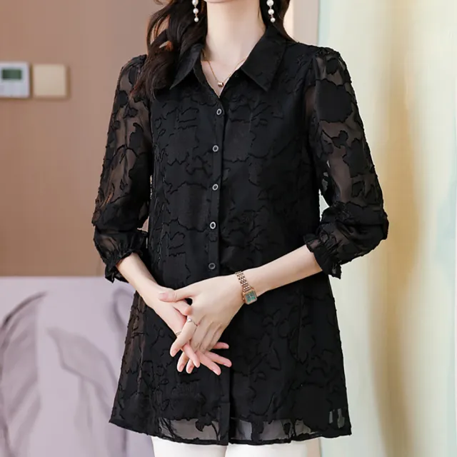 【麗質達人】9438黑色翻領上衣LY(L-5XL)