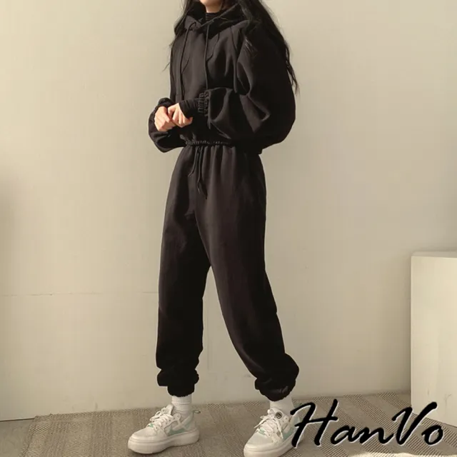 【HanVo】現貨 韓版縮腰休閒長袖長褲套裝(親膚涼感連帽運動套裝 日常韓系女裝 女生衣著 A08-5971)