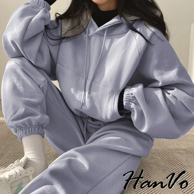 【HanVo】現貨 韓版縮腰休閒長袖長褲套裝(親膚涼感連帽運動套裝 日常韓系女裝 女生衣著 A08-5971)