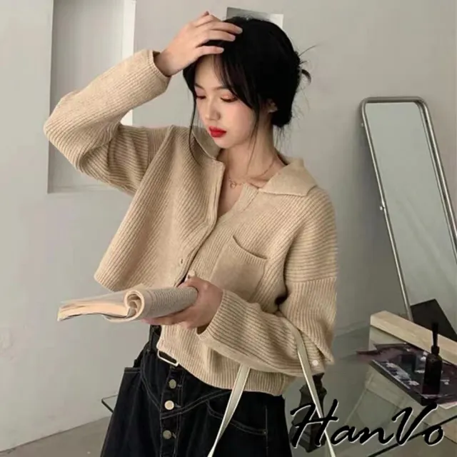 【HanVo】現貨 翻領口袋短版針織保暖外套(韓系百搭簡約秋冬 韓系女裝 女生衣著 A02-1940)