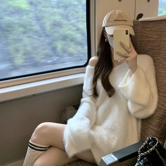 【D.studio】韓版慵懶風V領露肩寬鬆顯瘦毛衣(針織上衣長袖上衣女裝衣服寬鬆上衣顯瘦上衣冬裝發熱衣 W353)