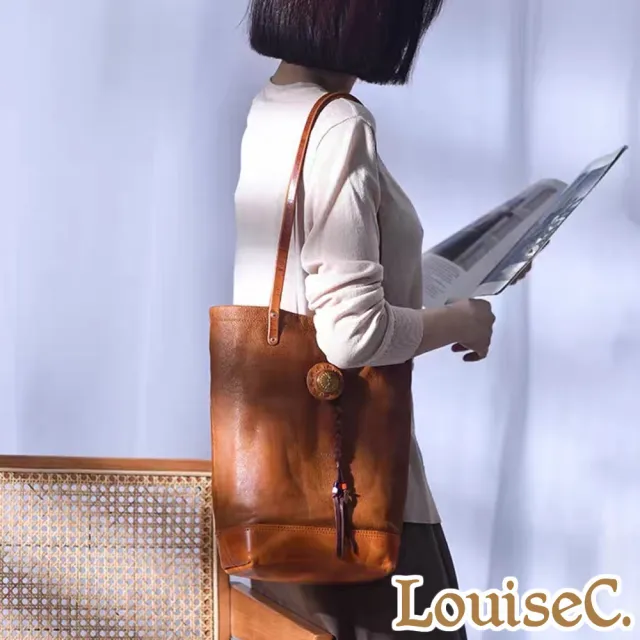【LouiseC.】雙11 Tree House 義大利植鞣革牛皮 文藝風個性造型釦 麻花飾帶 托特TOTE肩背真皮包 黃色 GK301