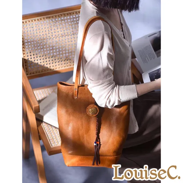 【LouiseC.】雙11 Tree House 義大利植鞣革牛皮 文藝風個性造型釦 麻花飾帶 托特TOTE肩背真皮包 黃色 GK301