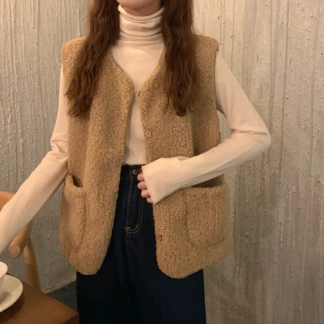 【D.studio】韓版顯瘦羊羔毛外套(背心外套 毛毛外套 百搭外套 上衣 女裝 毛毛外套 J153)
