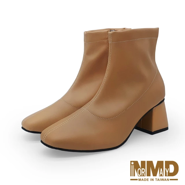 Normady 諾曼地 女靴 短靴 MIT台灣製 顯瘦潮流素面車線粗中跟短靴-MIT手工鞋(奶茶棕)