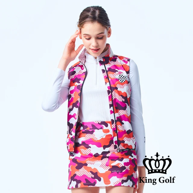 KING GOLF 門市新品-女款點點迷彩薄款立領拉鍊背心外套(桃色)