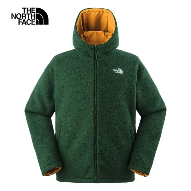 【The North Face 官方旗艦】北面男款綠色防風保暖兩面穿連帽抓絨外套｜7QT7O11