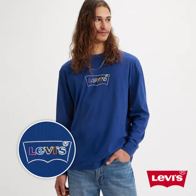 【LEVIS 官方旗艦】男款 寬鬆版長袖T恤 / 描框膠印Logo 藍 熱賣單品 A6145-0000