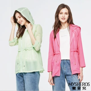 【MYSHEROS 蜜雪兒】中長版拉鍊防曬外套 微透膚質感收腰 修身抽繩連帽(兩色任選)