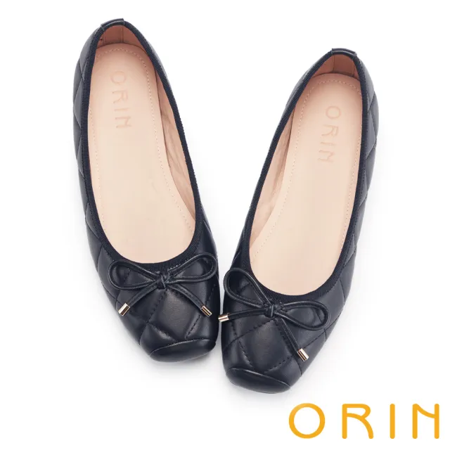【ORIN】蝴蝶結菱格羊皮芭蕾舞鞋(黑色)