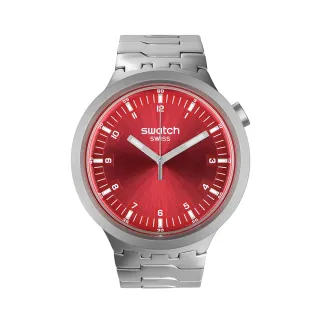 【SWATCH】金屬 BIG BOLD IRONY 系列手錶 SCARLET SHIMMER 金屬鍊帶 勃根地紅 男錶 女錶 手錶 瑞士錶(47mm)